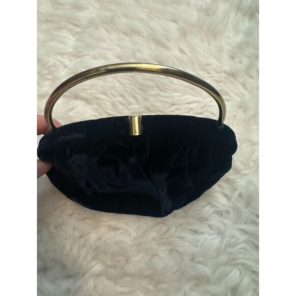 Vintage Ingber Navy Blue Velvet Handbag Purse with Gold Metal Hoop Handle - Picture 2 of 9